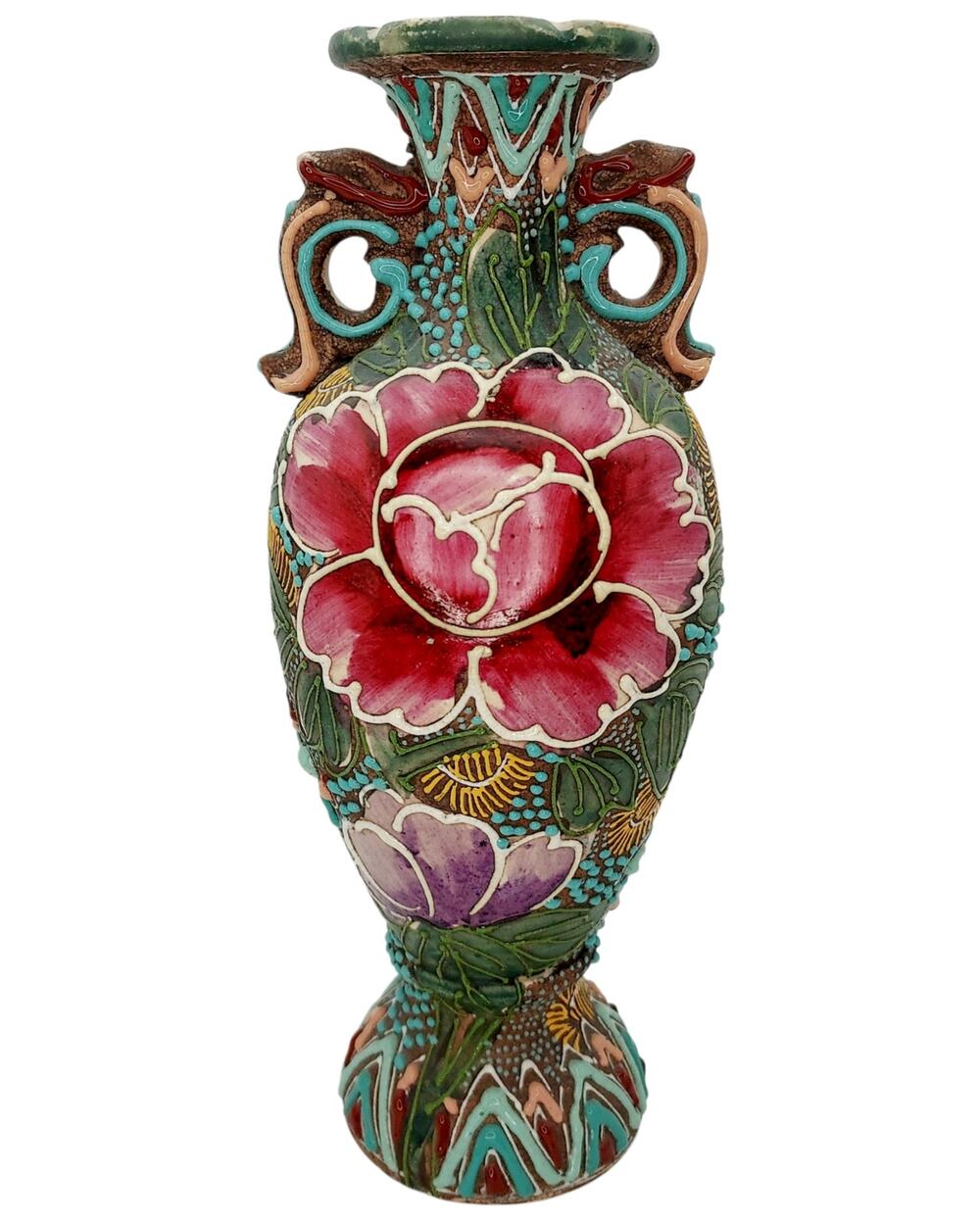 Antique Japanese Satsuma Earthenware Vase Urn Heavy Moriage  Hand Painted Floral